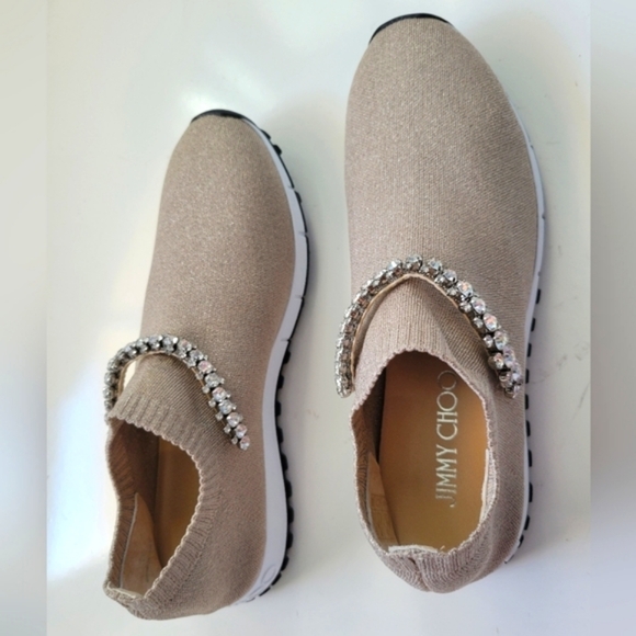 Jimmy Choo Shoes - Jimmy Choo Verona Ballet Pink Metallic Knit Trainers Crystal Embellishment 39